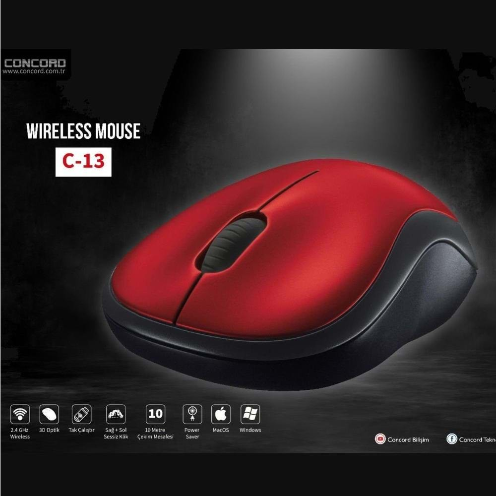 Concord C13 Kablosuz Mouse - Kırmızı