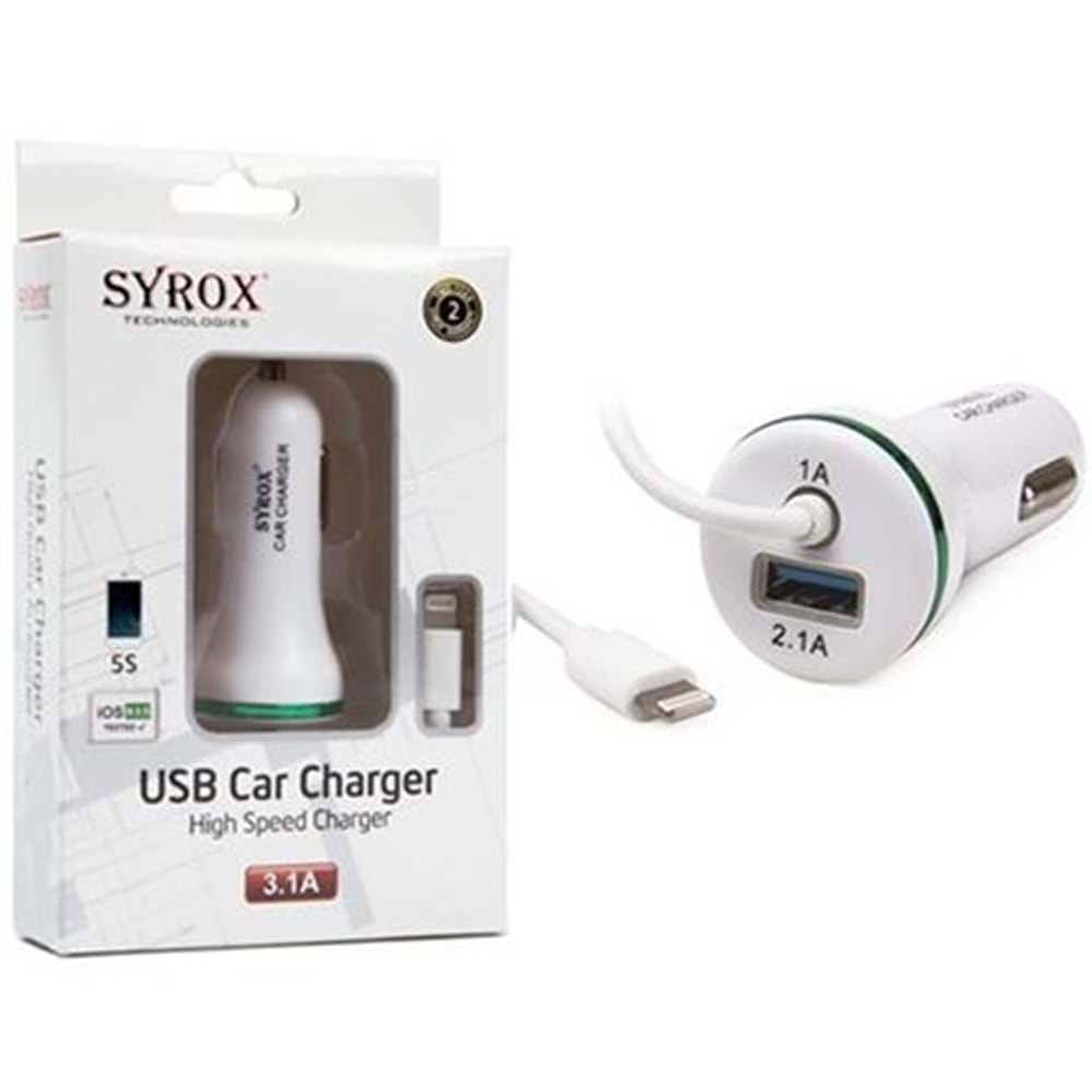 Syrox Lightning ( İphone ) / 7/7 Plus / 1 Usb Giriş + Sabit Kablo / 3.1A / Araç C39