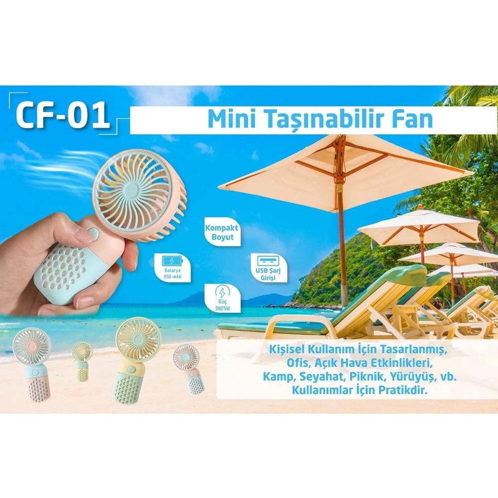CONCORD CF01 Tasinabilir Sarjli 250mAh 3-5W Usb Masaüstü Fan Usb Vantilatör - Mavi