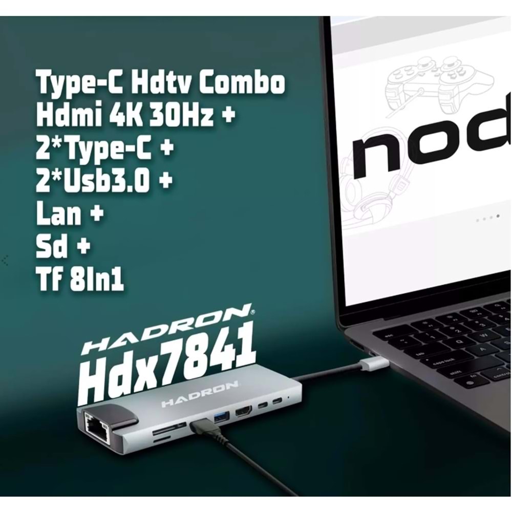 HADRON HDX7841 Type-C Combo Hub HDMI 4K USB 3.0 LAN Kart Okuyucu 8 Port - Gri