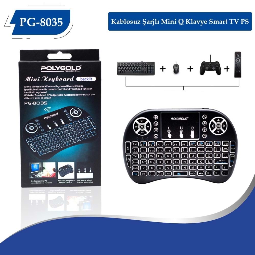 Polygold Pg-8035 Kablosuz Şarjlı Mini Q Klavye Smart Tv