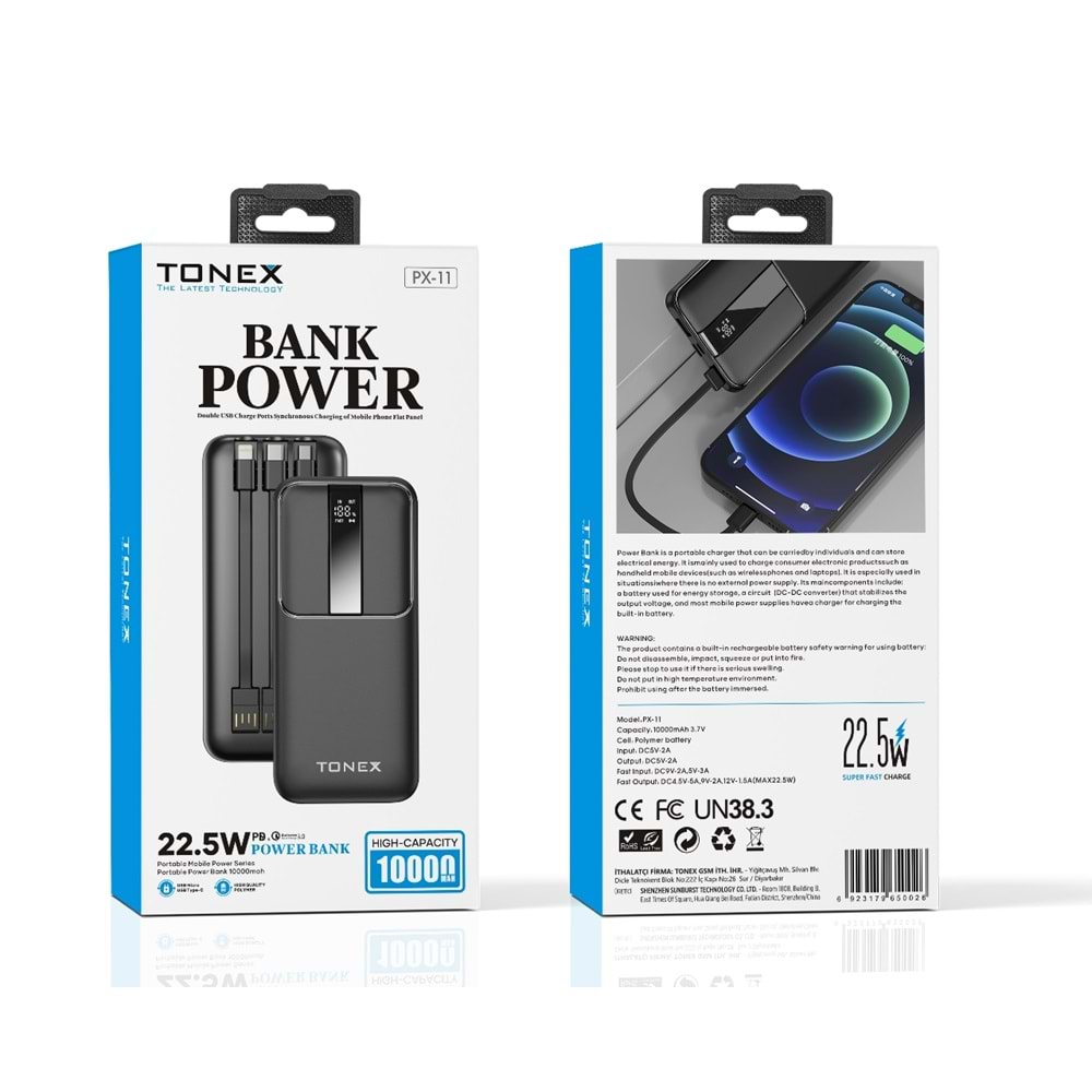 Tonex PX-11 Kablolu 10.000Mah Powerbank PD 22.5w Hızlı Şarj