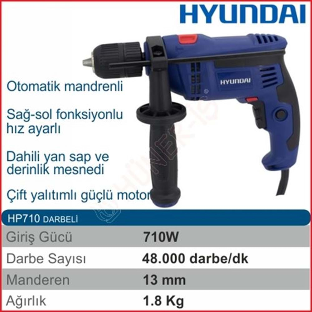 Hyundai HP710 Darbeli Kablolu Matkap 710W Pls.Çanta +16 Parça Uç Set