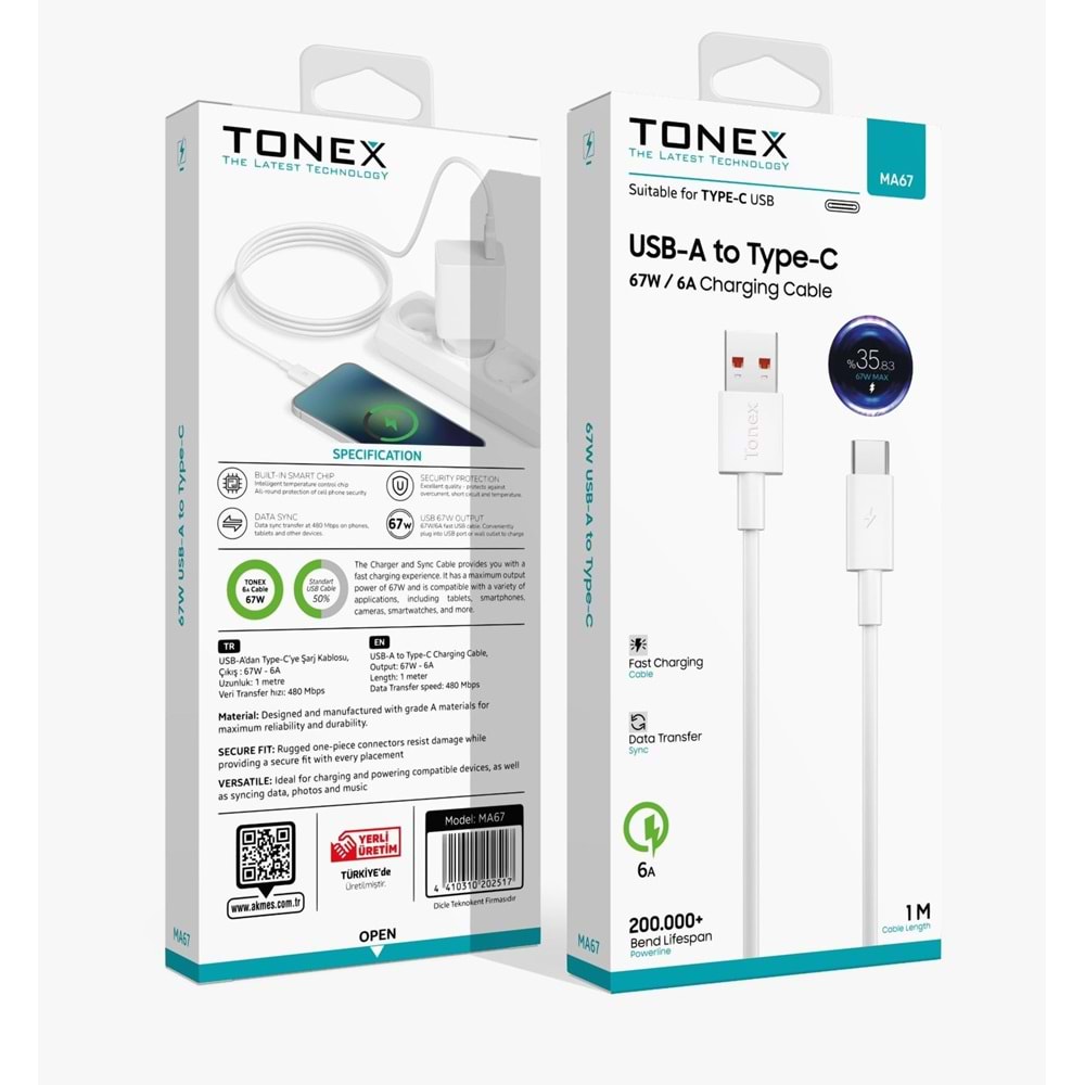 Tonex MA67 Xioami 67w 6A Şarj Data Usb Kablo (120w a Kadar Saniye Gösterir )