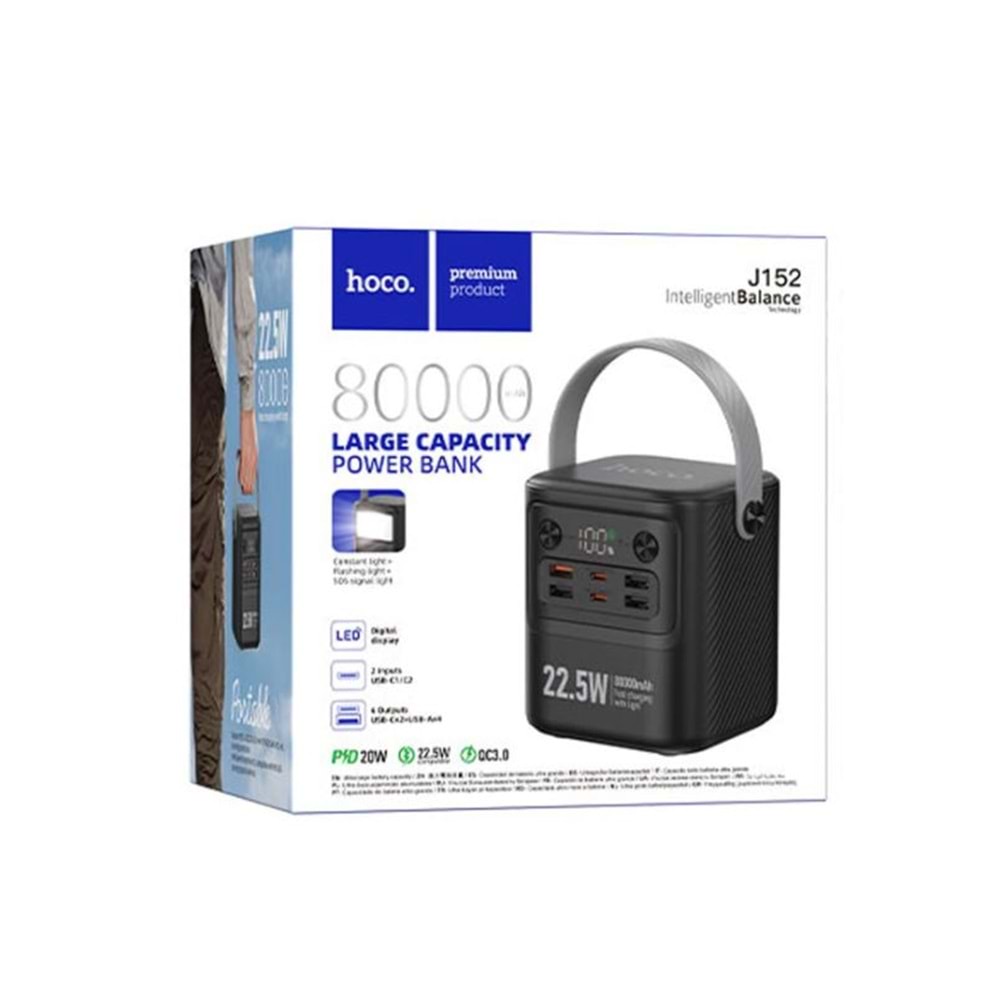 Hoco. J152 Tough 80.000mAh Dijital Göstergeli PD 20W Led Işıklı Powerbank - Siyah