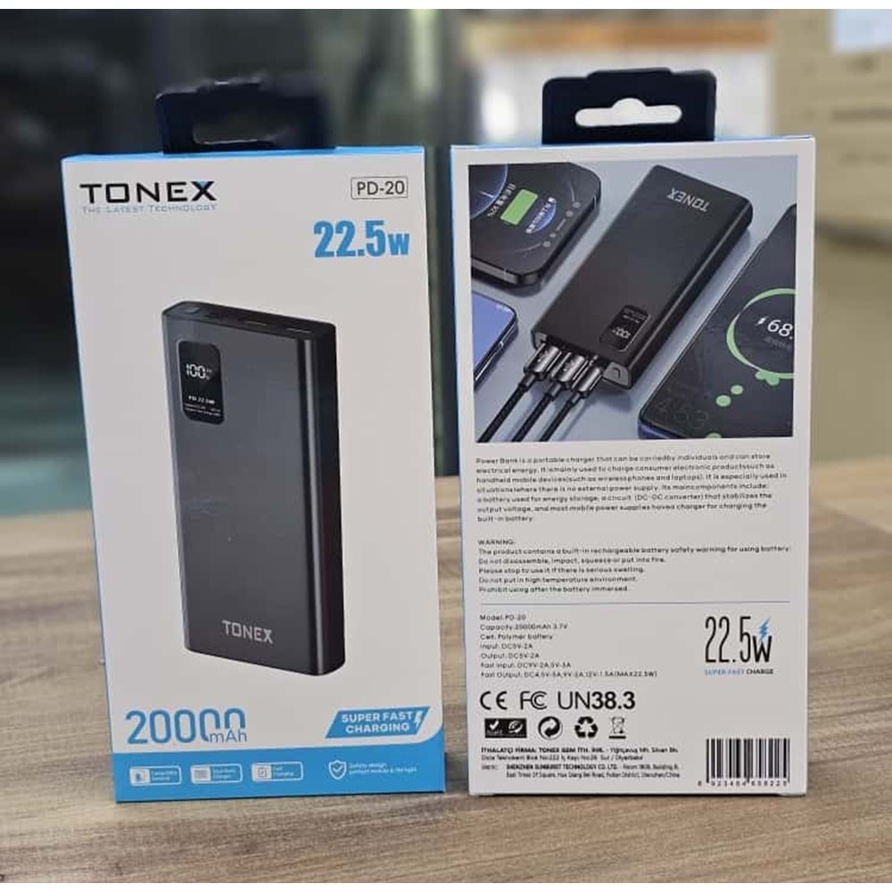 Tonex 20.000Mah Powerbank PD 22.5w Hızlı Şarj PD-20