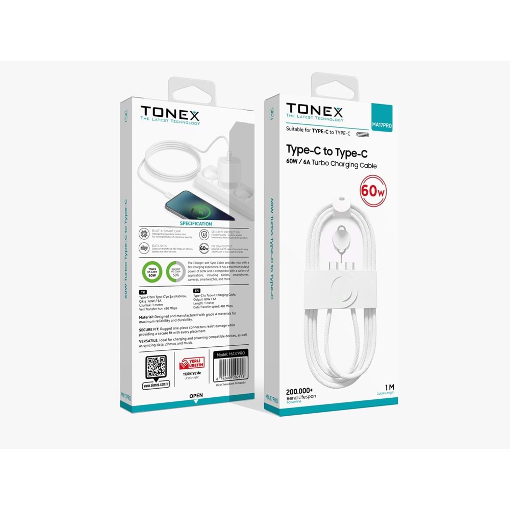 Tonex MA17PRO Type-c To Type-c Pd Data Kablo Sim İğneli 60w Beyaz