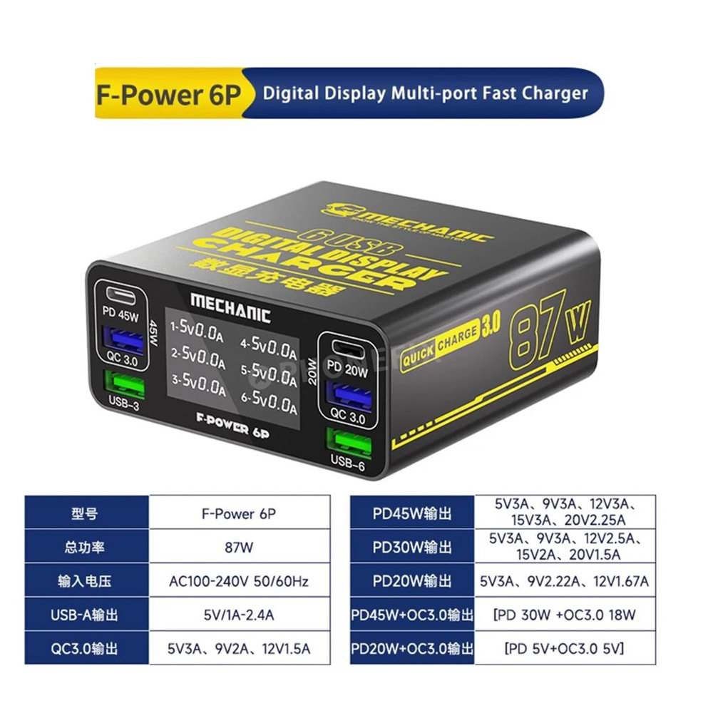 Mechanic F-Power 6P Hızlı Şarj 3.0A 87w İstasyonu Çok Portlu Şarj Cihazı