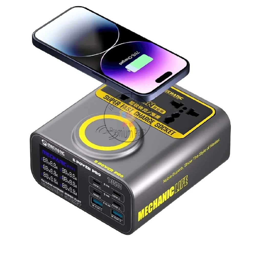 Mechanic S-Power Pro Hızlı Şarj 3.0A Gan 135w Kablosuz Şarjlı Çok Portlu Şarj Cihazı