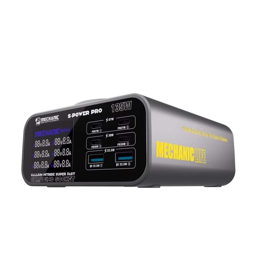 Mechanic S-Power Pro Hızlı Şarj 3.0A Gan 135w Kablosuz Şarjlı Çok Portlu Şarj Cihazı