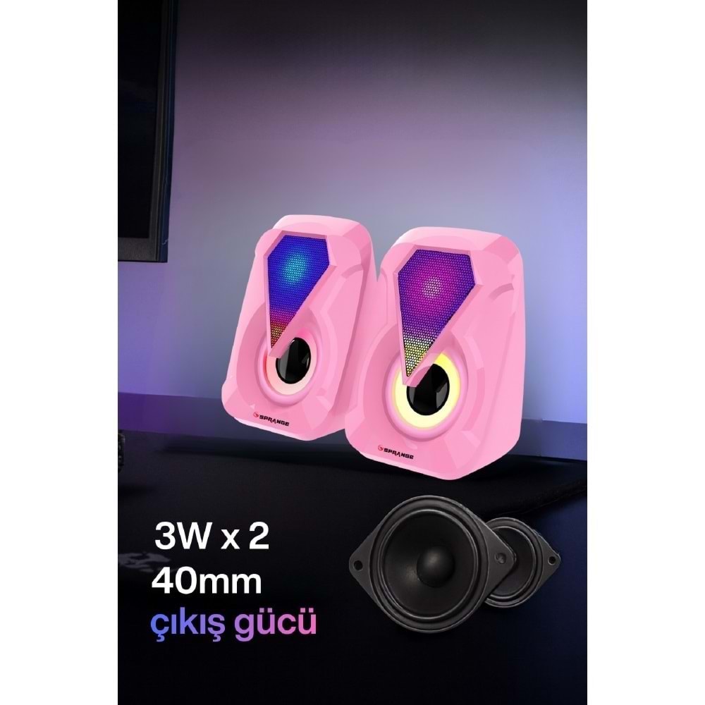 Sprange SR-PN785 2.0 3W*2 USB + 3.5mm 5V Pc Speaker Hoparlör Pembe