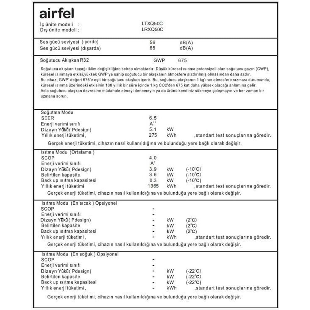 Airfel Vibe LTXQ50C WIFI A++ 18000 BTU Inverter Duvar Tipi Klima