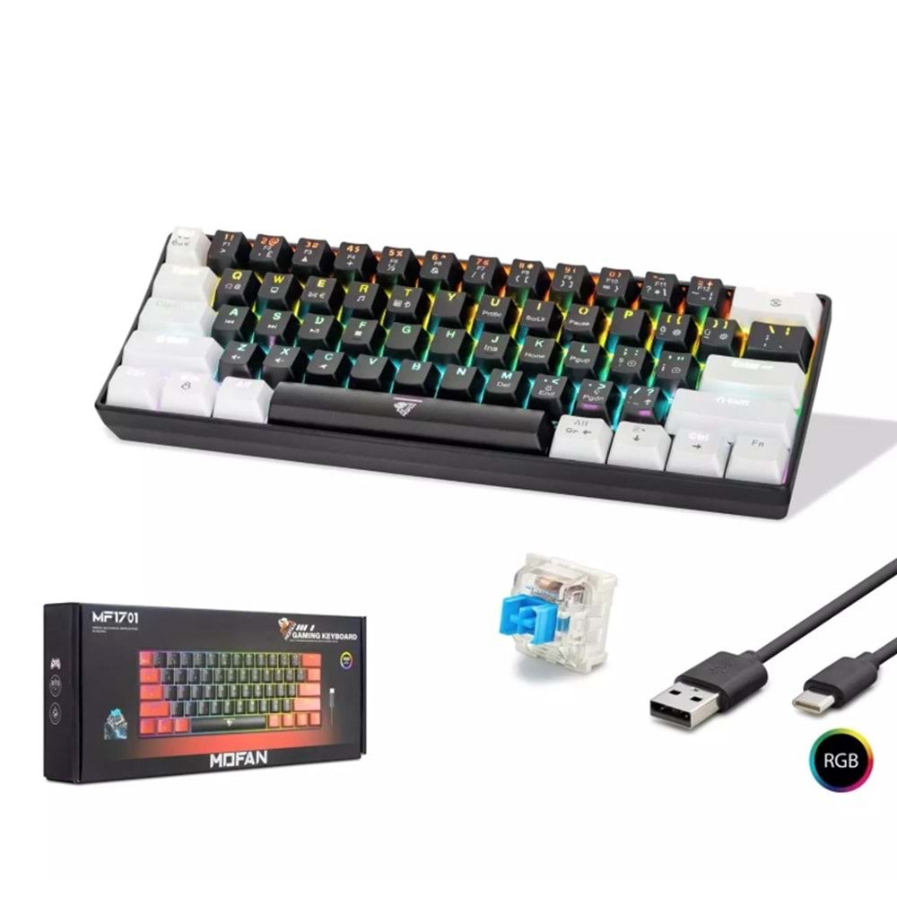 MOFAN MF1701BW Gaming Mekanik RGB Klavye Blue Switch - Siyah Beyaz