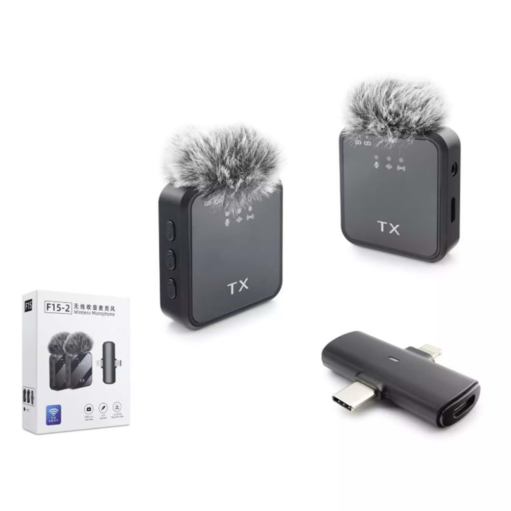 HADRON F15-2 Type-C + Lightning Kablosuz 2’li Yaka Mikrofon Seti - Siyah