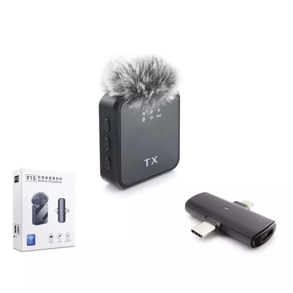 HADRON F15 Type-C + Lightning Kablosuz Yaka Mikrofonu - Siyah