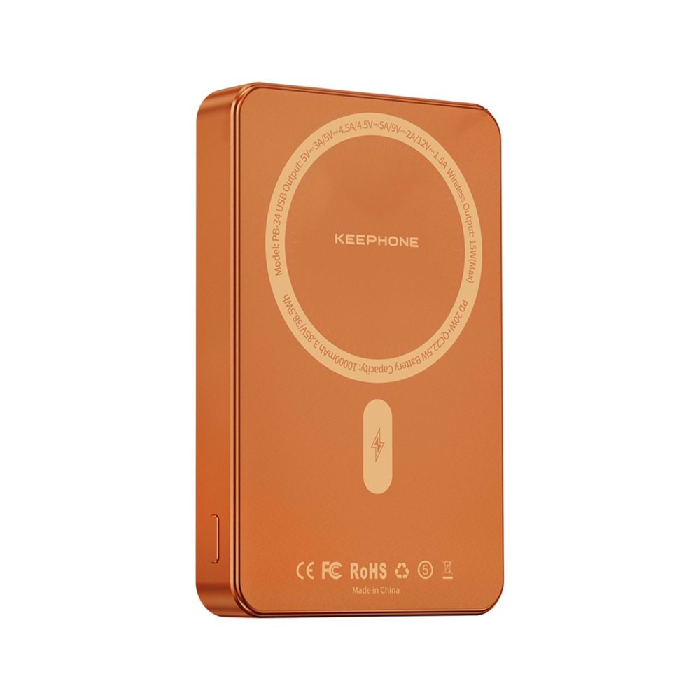 Keephone PB34 Lucci 10.000 mAh 20W Type-C 22.5W USB QC 15W Kablosuz Şarj PD Magsafe Powerbank - Turuncu