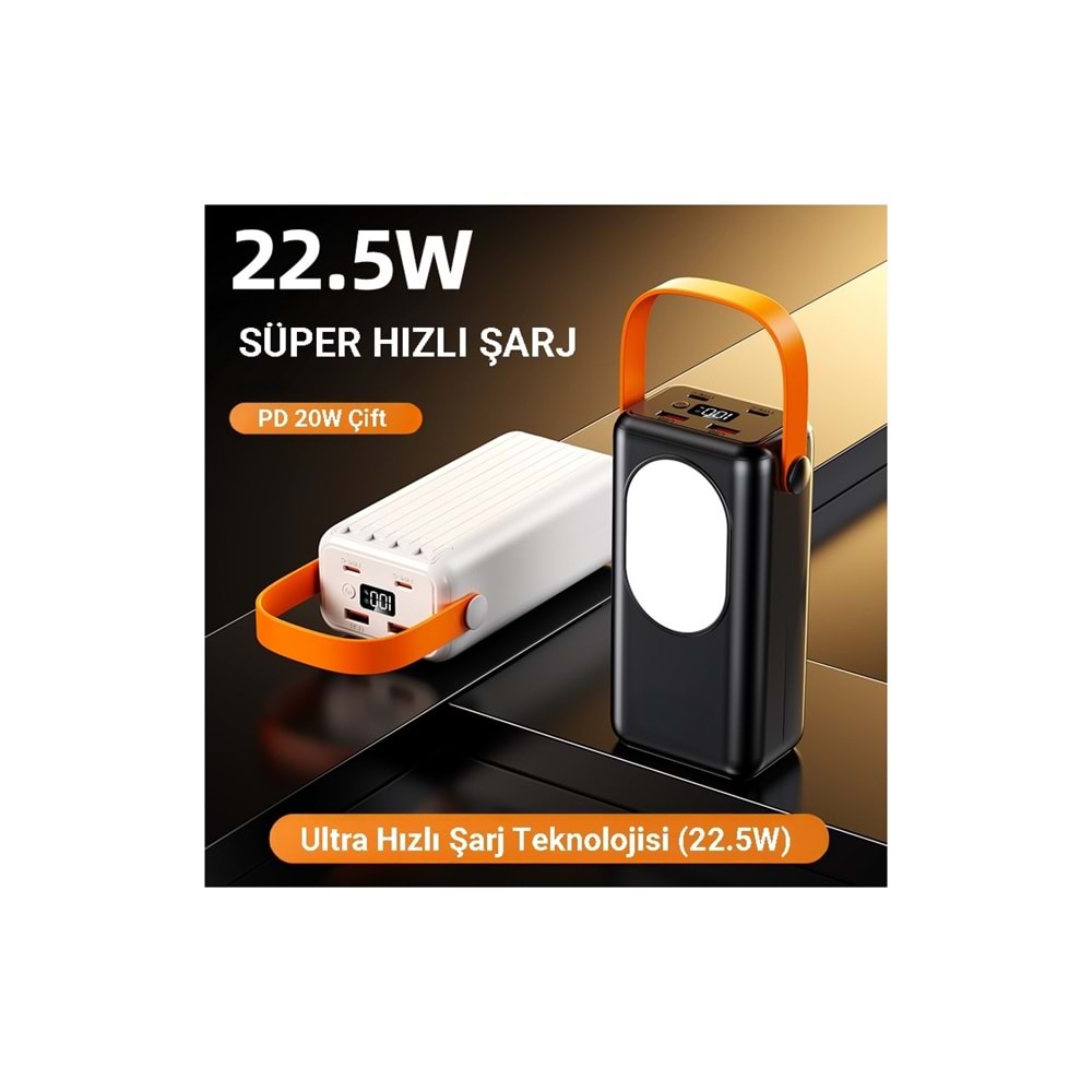 Cepini Cp-03 30.000MAH 22.5w Hızlı Şarj Destekli Powerbank - Dahili 4 Kablolu ve LED Aydınlatmalı Siyah