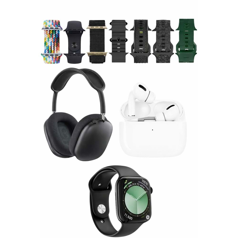Karler Bass K32 Kombo 7 Adet Kordon Akıllı Saat Airpods Kulaklık Kafa Üstü Kablosuz Kulaklık Set - Siyah