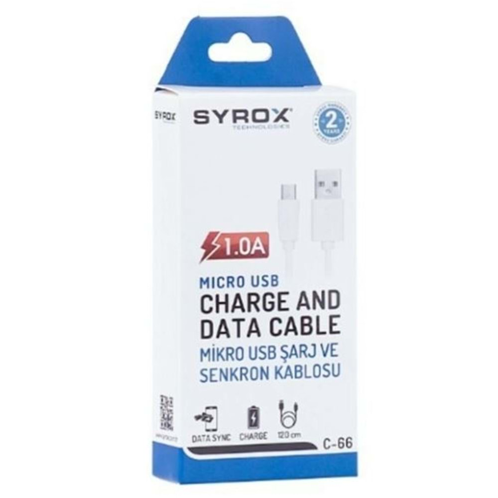 Syrox C66 1.0A Samsung S3/S4 Micro Şarj & Data Kablo 1.2M