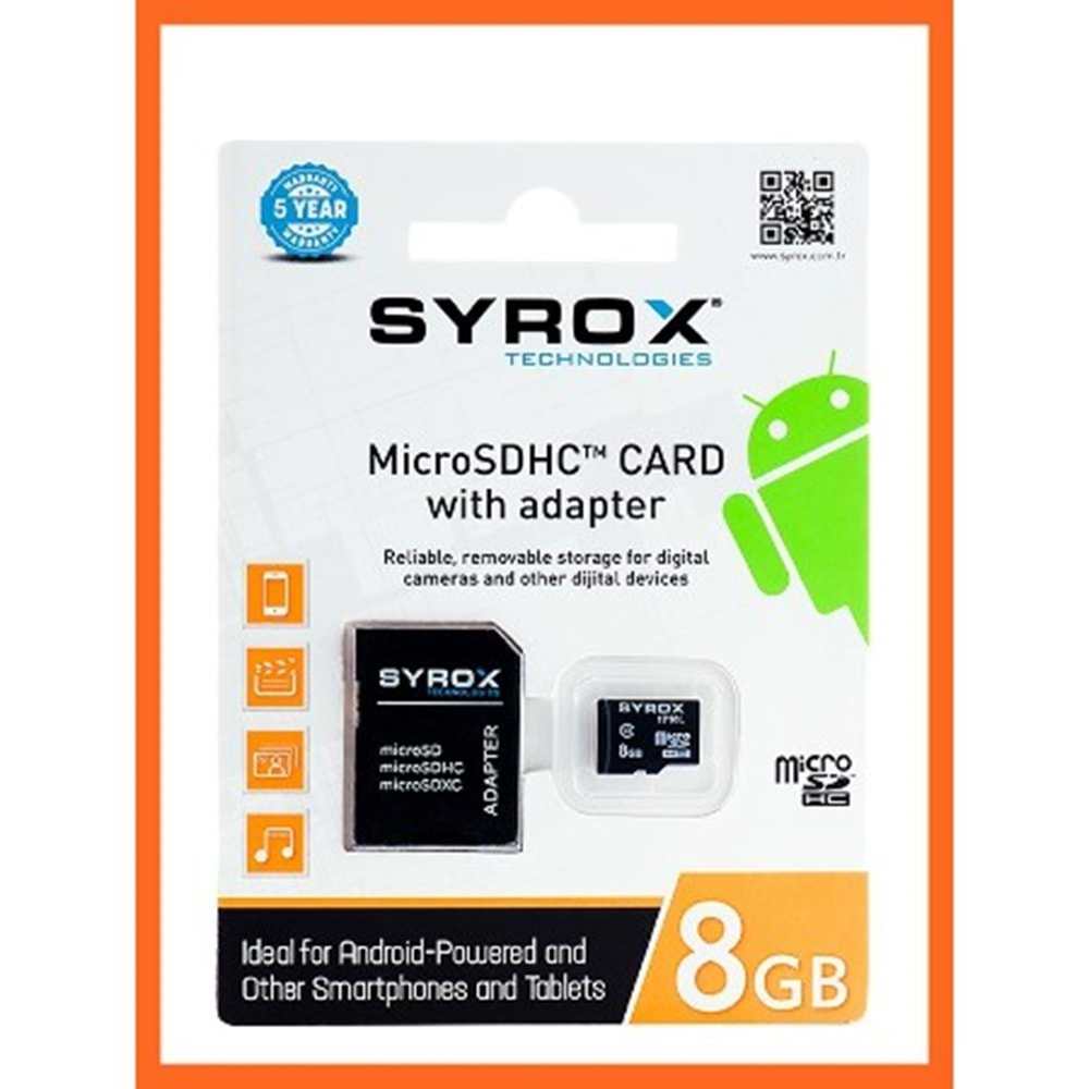 Syrox 8 GB Micro Sd Card Hafıza Kartı & Adaptörü Class 10 Mc8