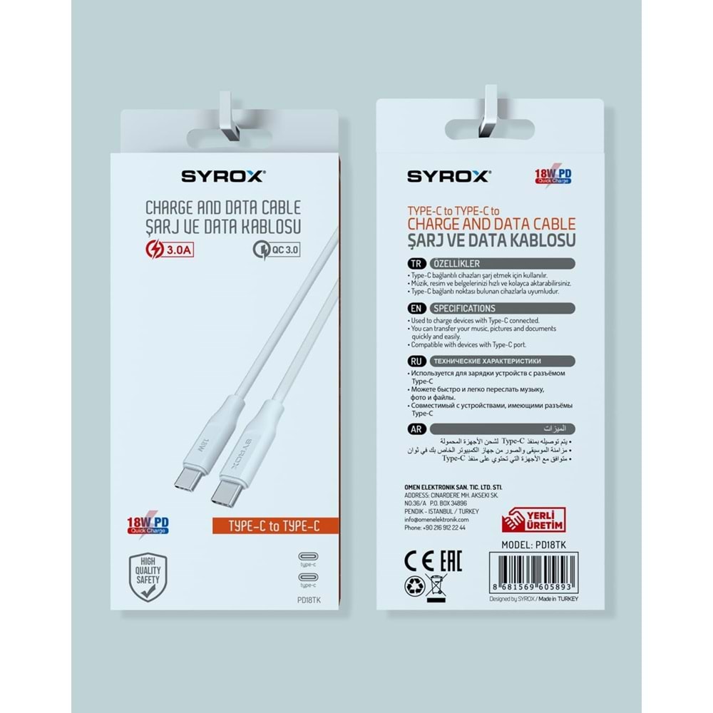 Syrox Pd18Tk 3.0A Type-C To Type-C Şarj & Data Kablo