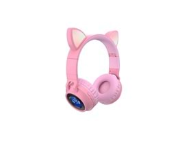 Kaller Jr-028 Kedi Kulak Led Göstergeli Işıklı Kablosuz Bluetooth ( Kablosuz ) Mikronlu Hafıza Kartı Girişli Kula - Pembe