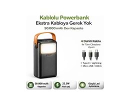 Cepini Cp-05 50.000mAh PD 22.5w Hızlı Şarj Destekli Powerbank - Dahili 4 Kablolu ve LED Aydınlatmalı - Siyah