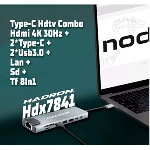 HADRON HDX7841 Type-C Combo Hub HDMI 4K USB 3.0 LAN Kart Okuyucu 8 Port - Gri