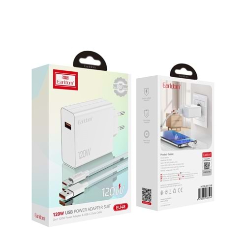 Earldom EU48 120W USB QC 3.0 Çıkışlı ve USB to Type-C Kablolu PD Hızlı Şarj Cihazı - Beyaz