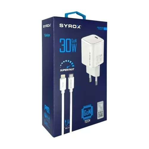 Syrox GAN30 30W Type-C To Lightning Şarj Adaptörü ve Data Kablosu