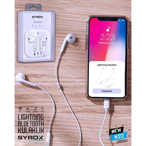 Syrox Lightning ( İphone ) Mikrofonlu Kablolu Kulaklık K22 (Bluetooth ( Kablosuz ) Destekli)