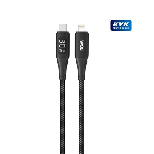 Rova KB225 Type-C To Lightning 30W Pd Göstergeli Hızlı Şarj ve Veri Kablosu - Siyah
