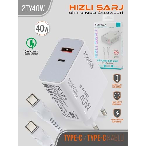 Tonex 40W Usb-A + Type-C 2x Çıkışlı Type-C To Type-C Kablo Şarj Seti