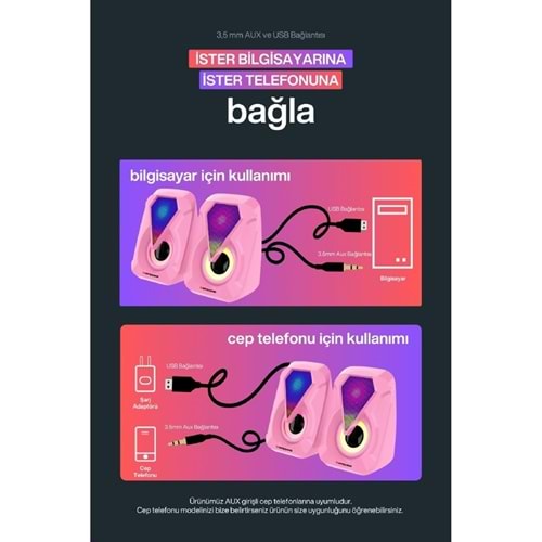 Sprange SR-PN785 2.0 3W*2 USB + 3.5mm 5V Pc Speaker Hoparlör Pembe