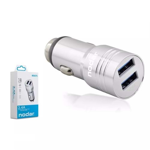 NODAR ND1075 Araç Şarj Adaptörü 2x USB 3.4A Metal - Gümüş