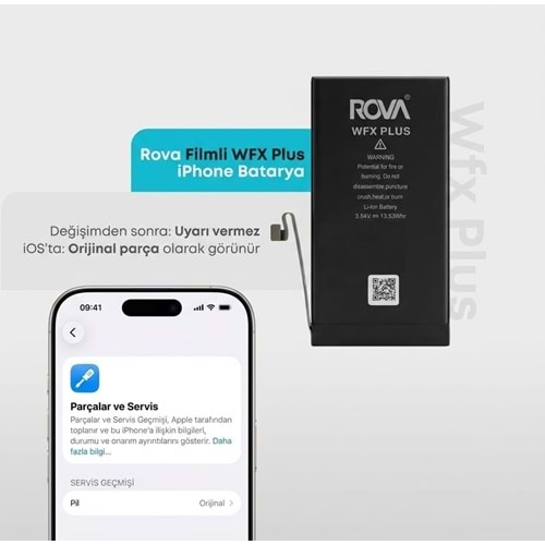 Rova İphone 14 Batarya Pil 3580mAh Güçlendirilmiş WFX PLUS ( Çip Aktarım Gerekmez Orjinal Yazar)