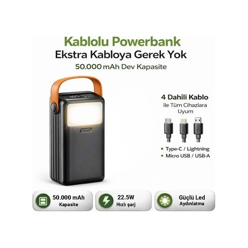 Cepini Cp-05 50.000mAh PD 22.5w Hızlı Şarj Destekli Powerbank - Dahili 4 Kablolu ve LED Aydınlatmalı - Siyah