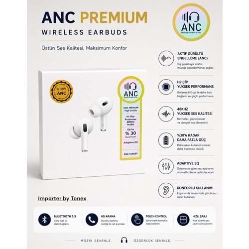 Tonex ANC Pro 2 Kablosuz Bluetooth Kulaklık - Beyaz