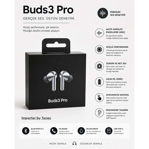 Tonex ANC Buds Pro 3 Kablosuz Bluetooth Kulaklık - Siyah