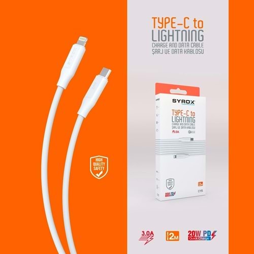 Syrox 3.0A 20W Type-C To Lightning ( İphone ) Hızlı Şarj & Data Kablosu 2M C115