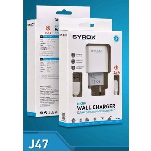 Syrox Micro Usb Girişli 2.6A Hızlı Şarj Cihazı J47
