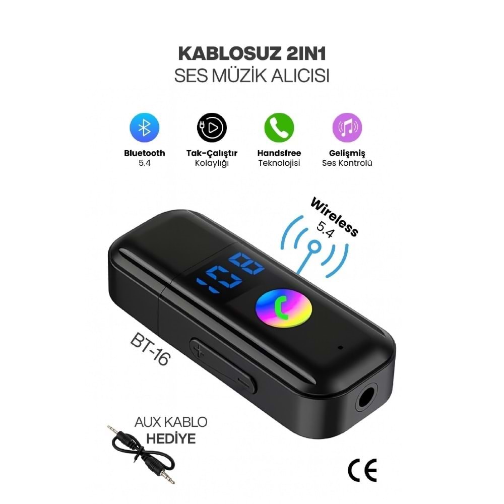 CONCORD BT-16 2in1 Bluetooth Receiver | USB-Aux Kablo Ses Kontrol Ekran