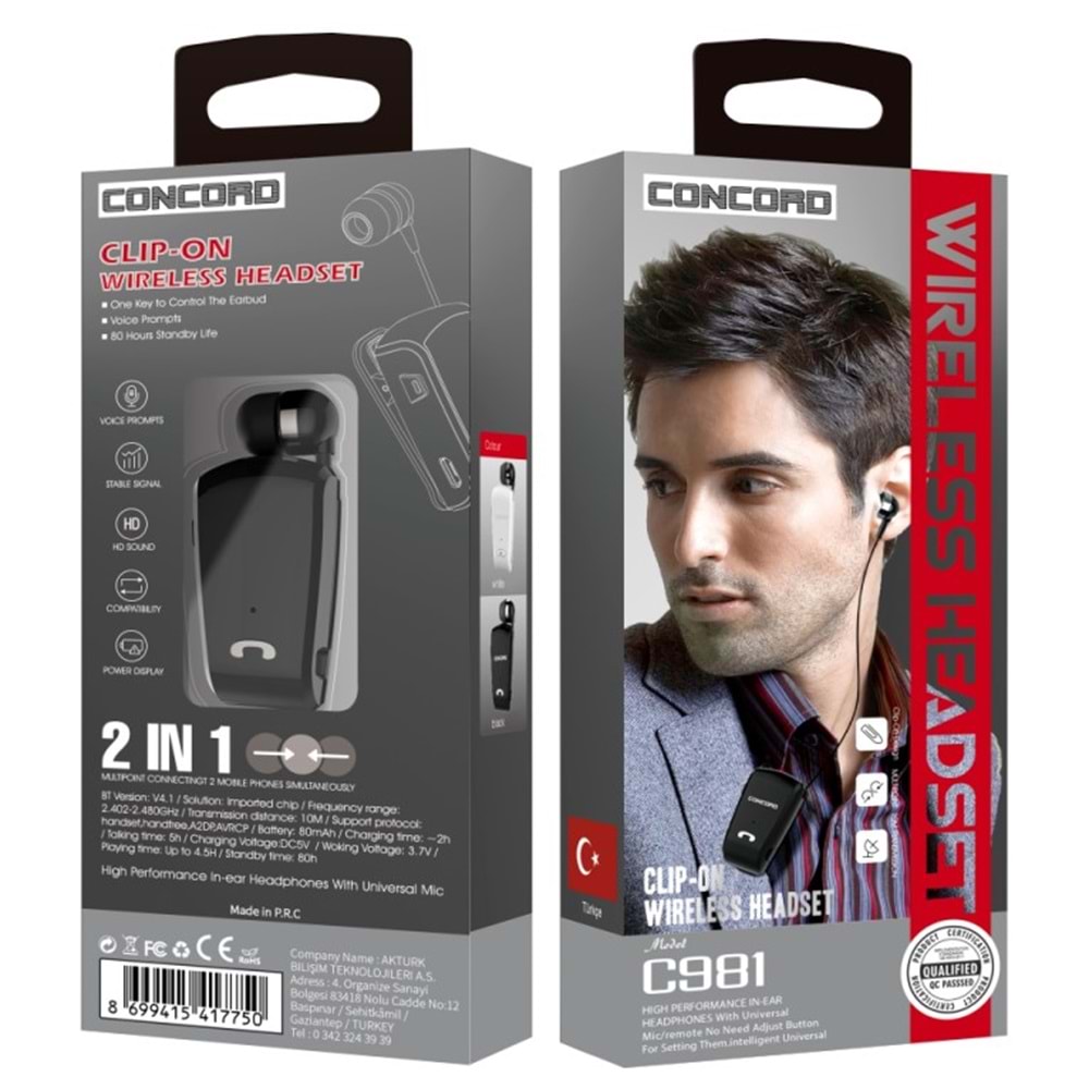 Concord I C-981 | Makaralı Bluetooth ( Kablosuz ) Kulaklık - Gri