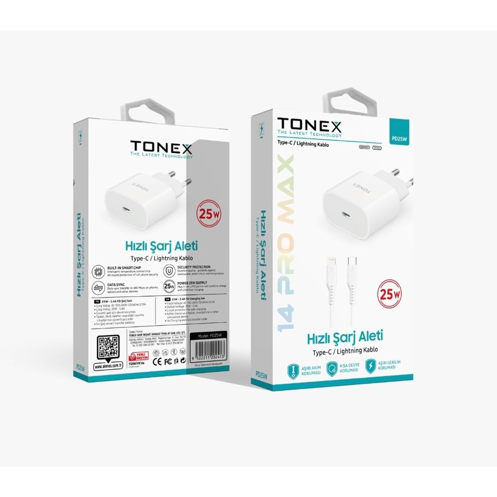 Tonex PD25W Type-c to Lightning 25W 3.4A Yeni Nesil Şarj Seti