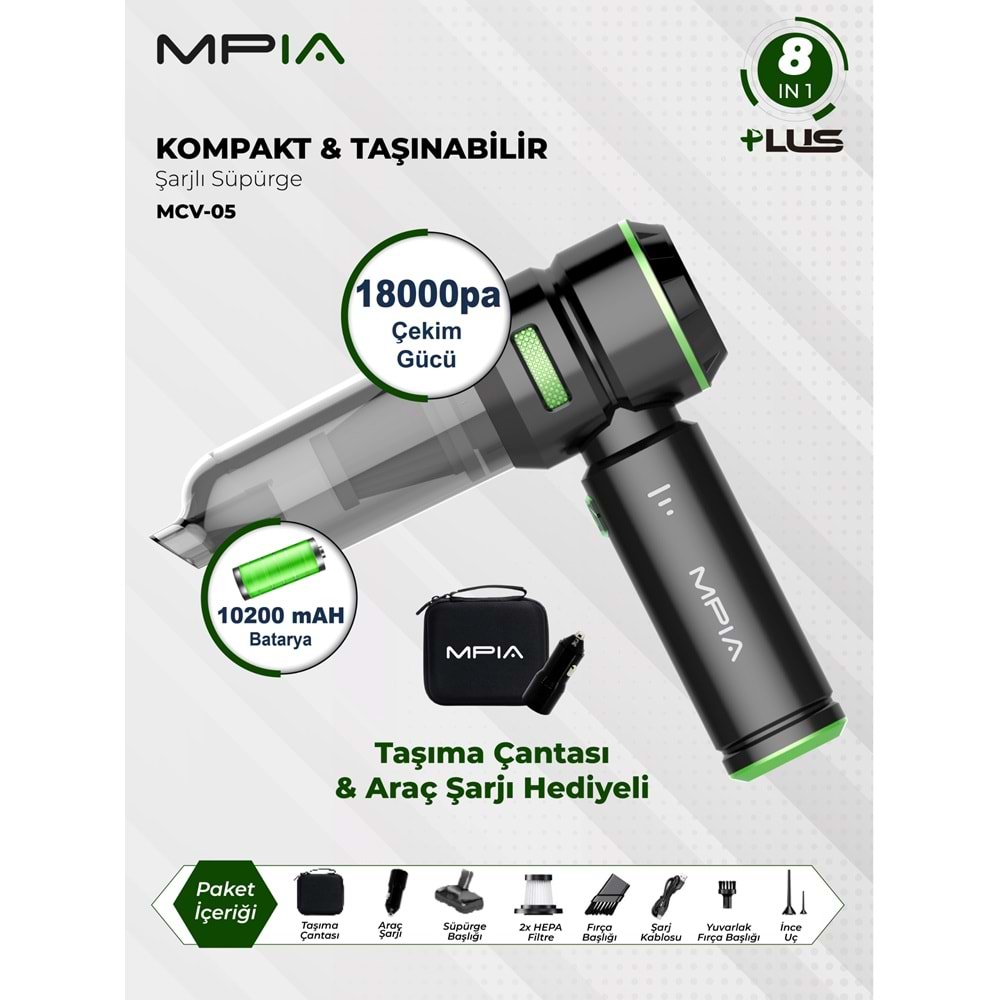 MPIA MCV-05 Plus 8in1 Şarjlı Araç El Süpürgesi 18000PA Taşıma Çanta Hediyeli