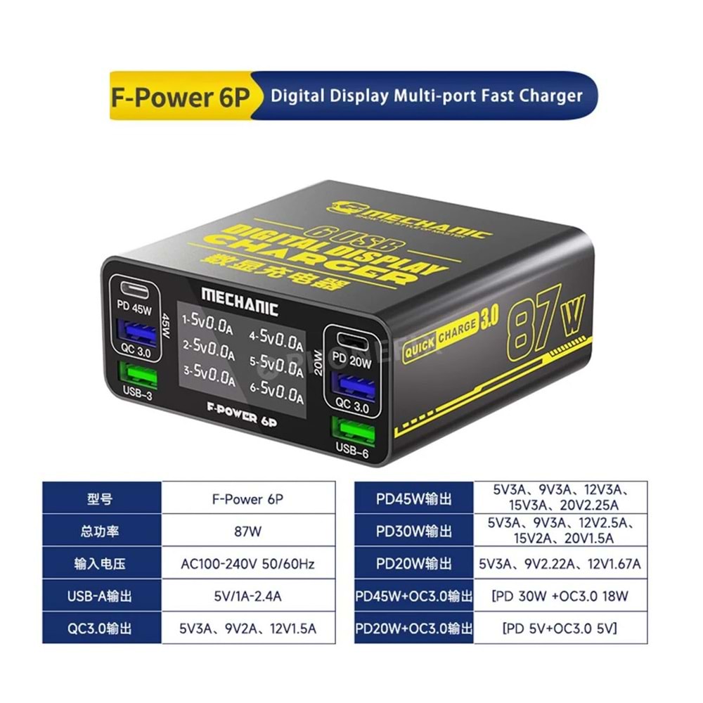 Mechanic F-Power 6P Hızlı Şarj 3.0A 87w İstasyonu Çok Portlu Şarj Cihazı
