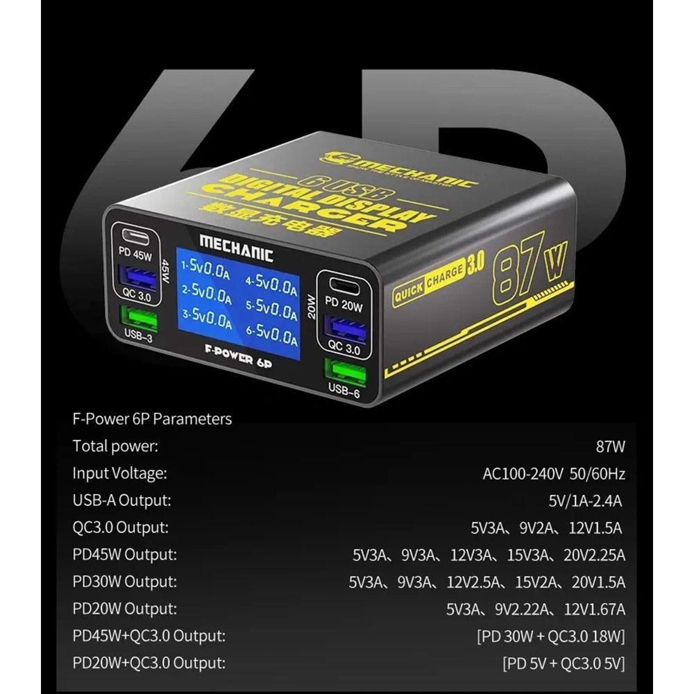 Mechanic F-Power 6P Hızlı Şarj 3.0A 87w İstasyonu Çok Portlu Şarj Cihazı