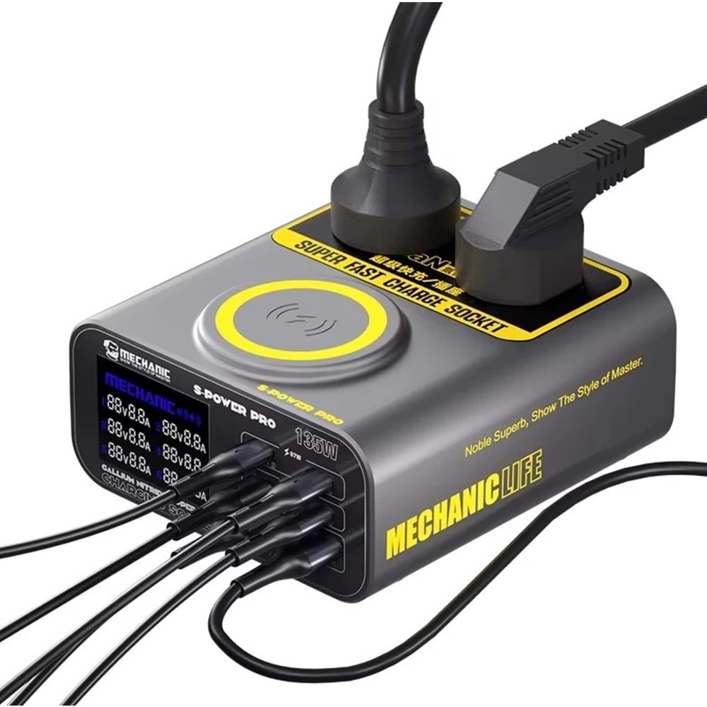 Mechanic S-Power Pro Hızlı Şarj 3.0A Gan 135w Kablosuz Şarjlı Çok Portlu Şarj Cihazı