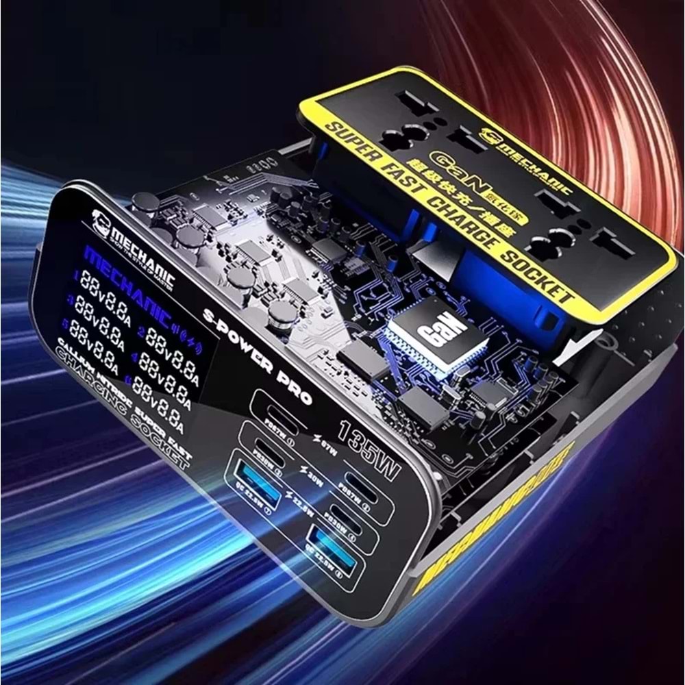 Mechanic S-Power Pro Hızlı Şarj 3.0A Gan 135w Kablosuz Şarjlı Çok Portlu Şarj Cihazı