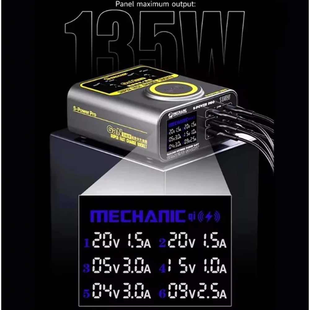 Mechanic S-Power Pro Hızlı Şarj 3.0A Gan 135w Kablosuz Şarjlı Çok Portlu Şarj Cihazı
